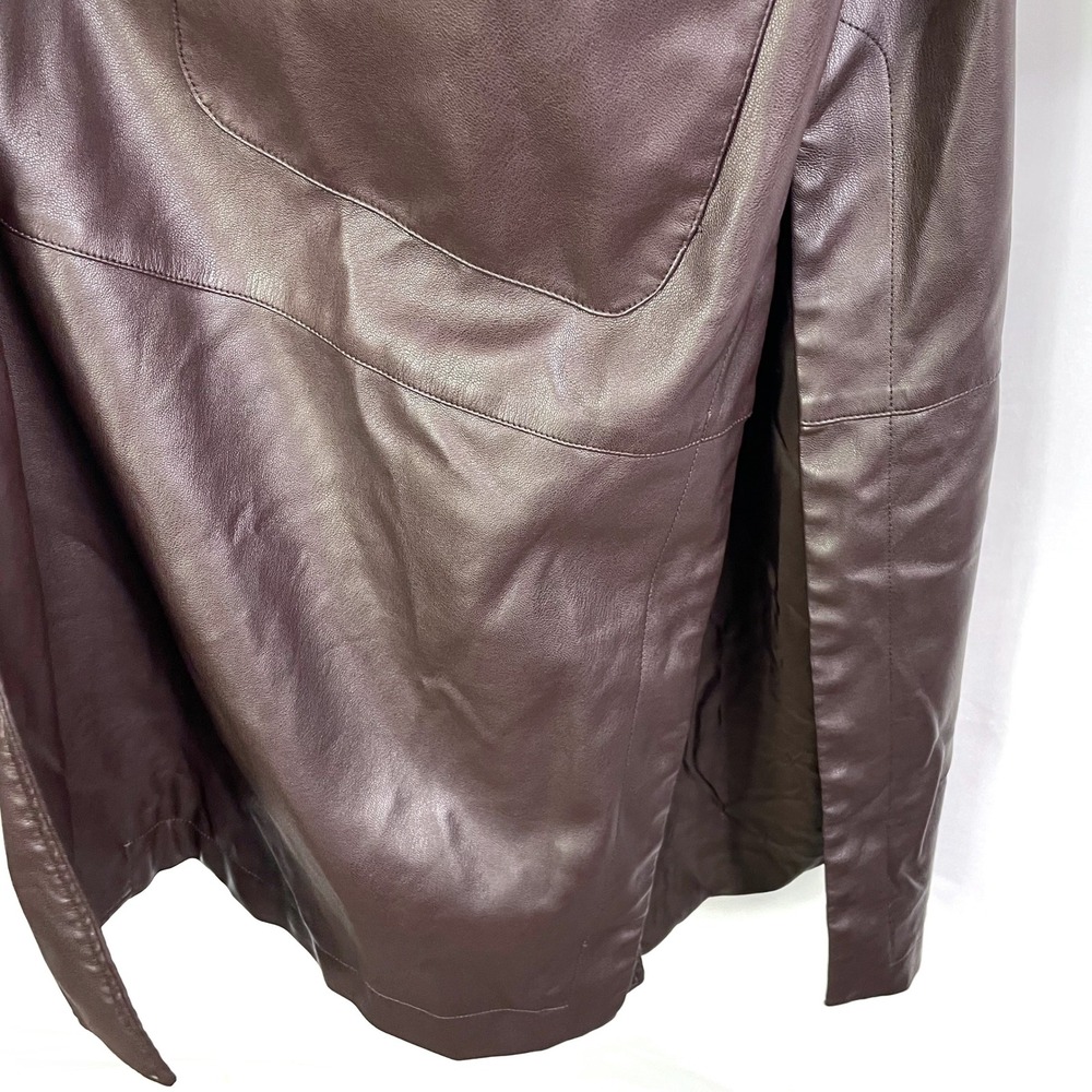 Osman Yousefzada Faux Leather Trench Coat Long Belted Brown‎ Vegan Sz 10 - Picture 11 of 16